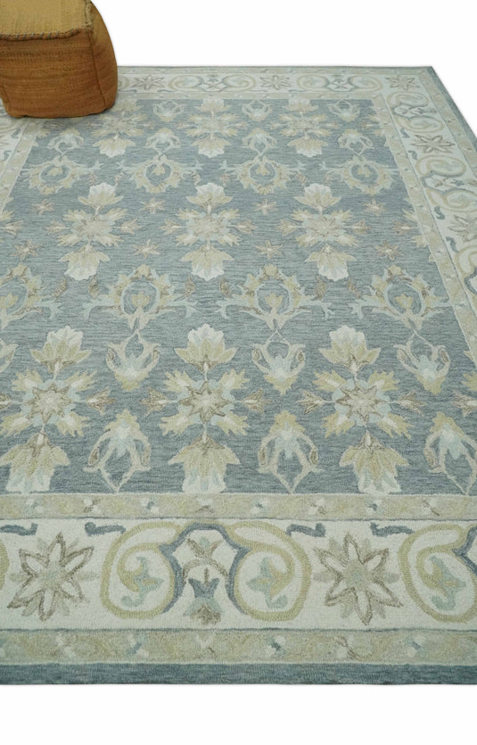 Custom Made Oriental Floral Gray, Silver, Ivory And Beige Hand Tufted wool Area Rug