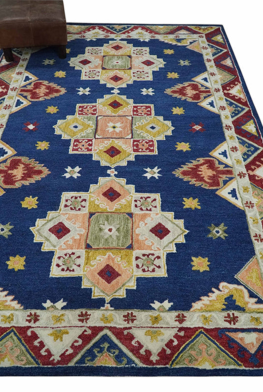 Custom Made Blue, Maroon, Olive, Ivory And Light Peach Hand Tufted  Wool Area Rug