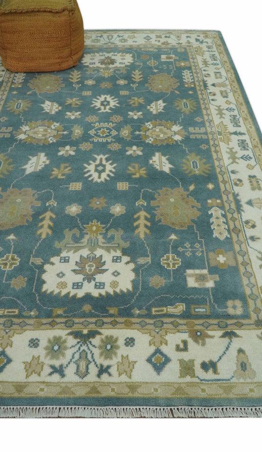 Custom Made Hand Knotted Teal, Beige And Olive Classic Oriental Oushak Rug Wool Area Rug