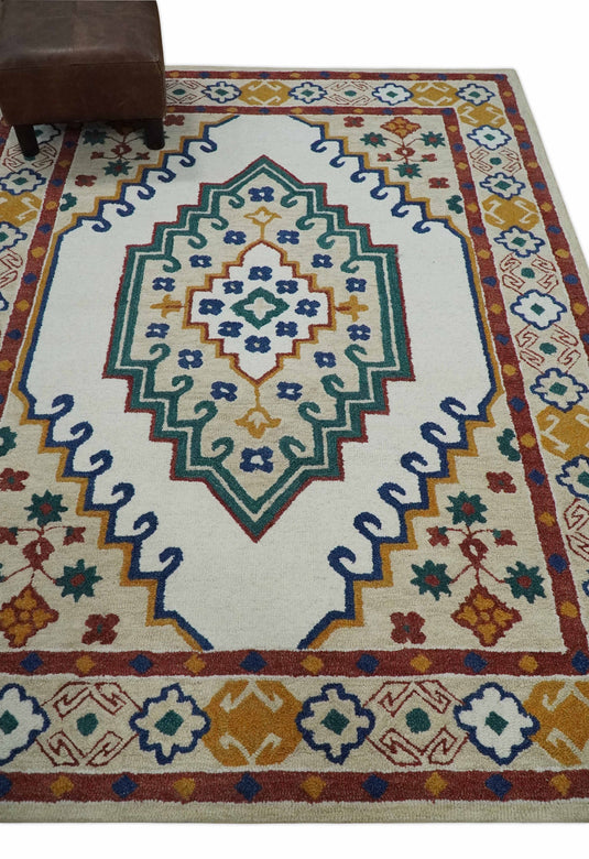 Custom Made Traditional Medallion Pattern Ivory, Green, Blue And Rust Hand Tufted  Wool Area Rug