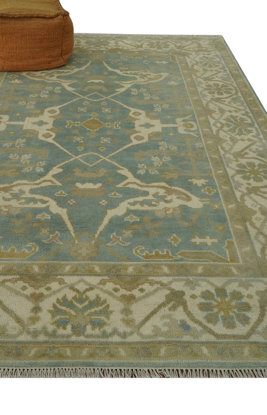 Hand Knotted Oriental Oushak Beige, Blue And Ivory Wool Rug 6x8.6 ft Ideal for Living, Bedroom And Dining Rooms | CP2360686