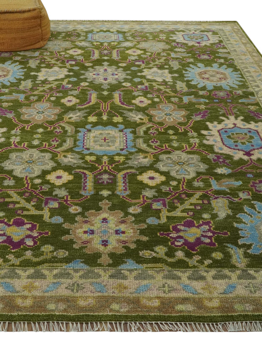 Custom Made Hand Knotted Green, Blue And Purple Herati Wool Area Rug