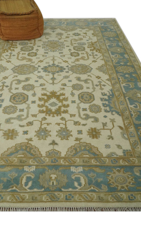 Custom Made Hand Knotted Oushak Cream, Beige, Ivory, Blue And Gold Wool Area Rug