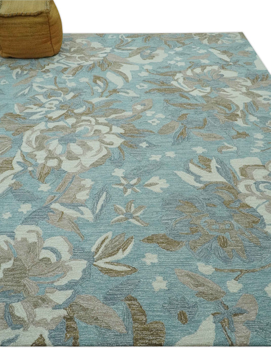 Hand Tufted Floral Blue, Ivory, Brown And Gray Rug 8x10 ft Ideal for Living, Bedroom And Dining Rooms