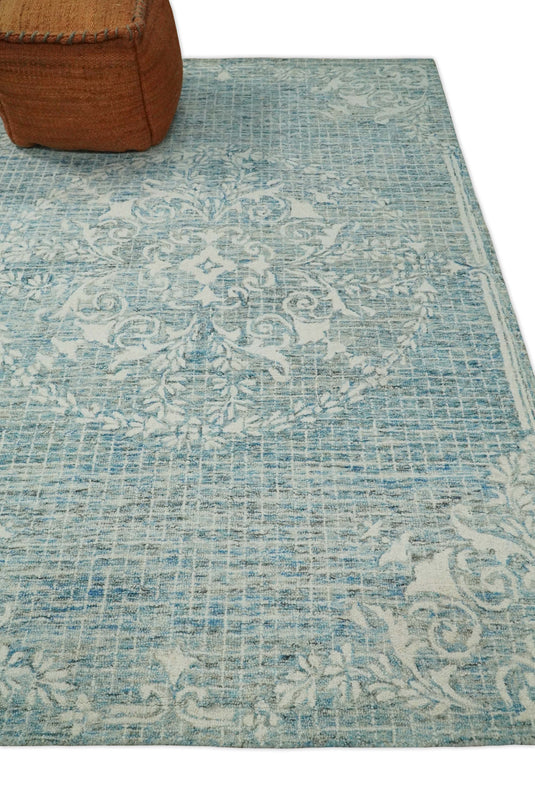 Custom Made Floral Blue And Ivory Hand Tufted Wool Area Rug