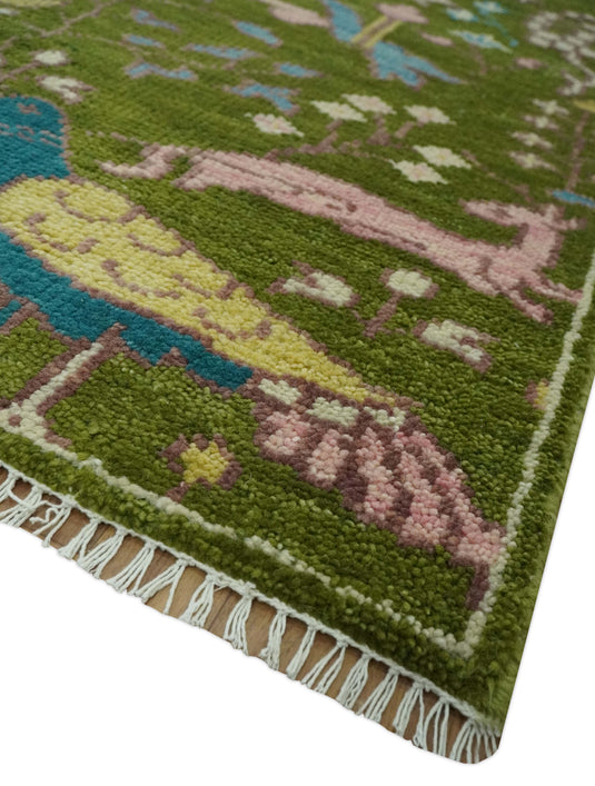 Custom Made Green, Teal and Peach Jungle Life Peacock Bird Hand Knotted Wool Area Rug