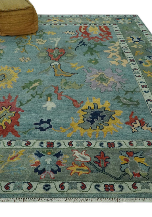 Custom Made Hand Knotted Blue and Moss Green Colorful Traditional Oushak Rug wool Area Rug