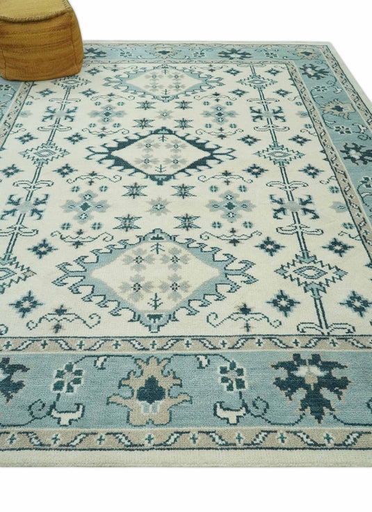 Custom Made Traditional Pattern Ivory, Blue and Dark Teal Hand Knotted wool Area Rug