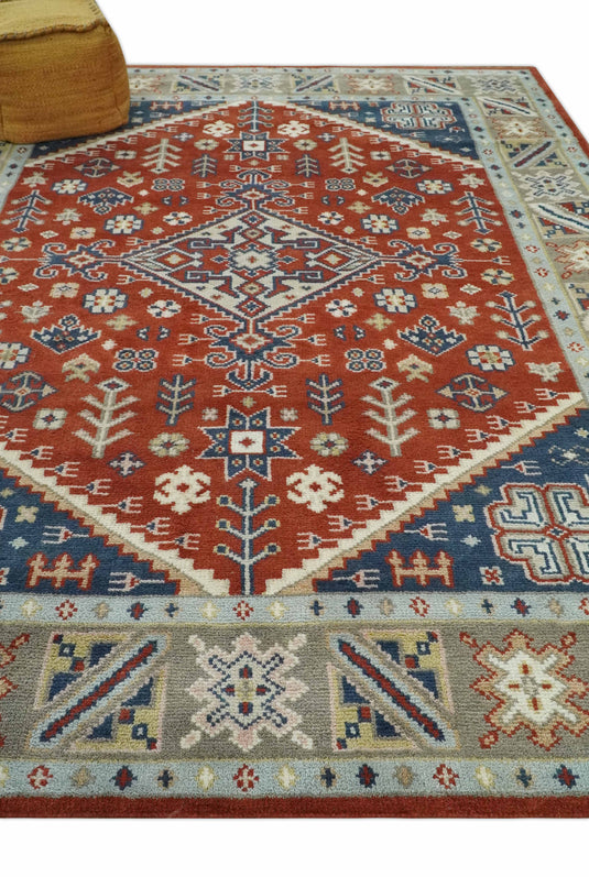 Traditional Pattern Red, Blue, Beige And Ivory Hand Knotted 8x10 ft wool Area Rug