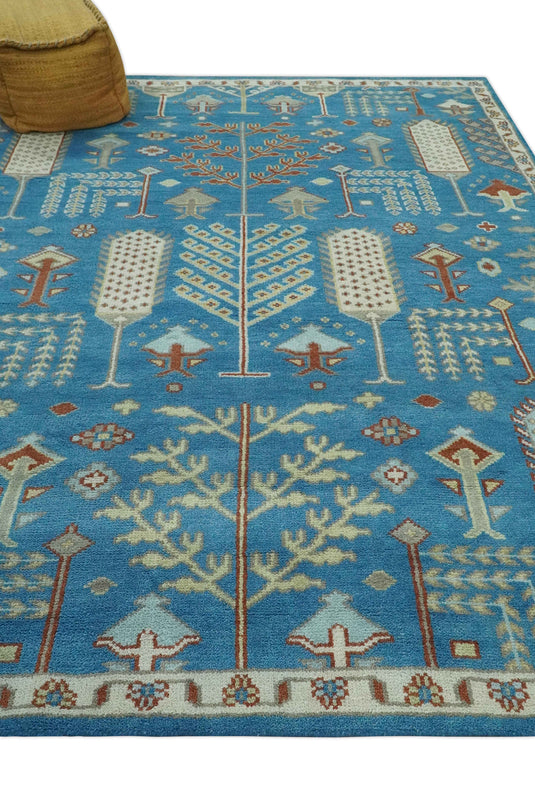 Tree Of Life Traditional Blue, Ivory, Gray and Rust Hand Knotted 8x10 ft wool Area Rug