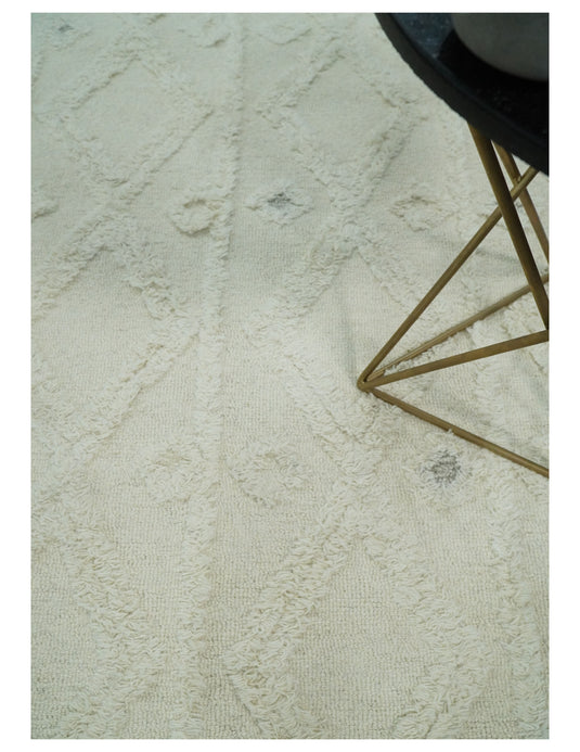 Custom Made Geometric Pattern Ivory Hand Tufted Wool Area Rug