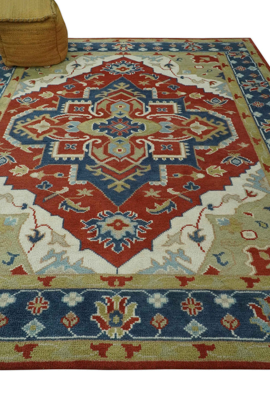 Custom Made Traditional Medallion Pattern Red, Blue, Ivory and Olive Hand Knotted wool Area Rug