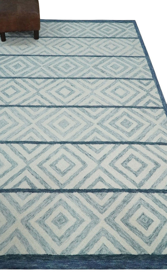 Custom Made Modern Geometrical Pattern Ivory, Gray And Blue Hand Tufted  Wool Area Rug