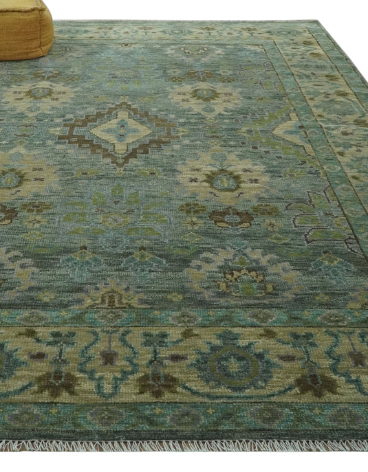 Custom Made Hand Knotted Green And Blue Floral Wool Area Rug