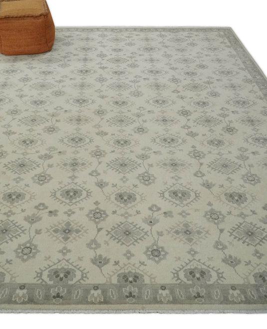 Custom Made Modern Geometrical Gray And Ivory Hand Knotted Wool Area Rug