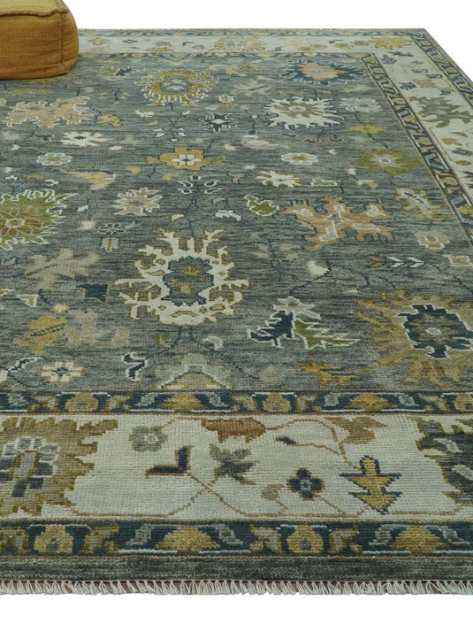 Custom Made Hand Knotted Charcoal, Ivory, Olive And Gray Traditional Wool  Area Rug