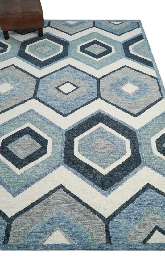 Custom Made Geometrical Honeycomb Pattern Ivory, Blue And Gray Hand Tufted  Wool Area Rug