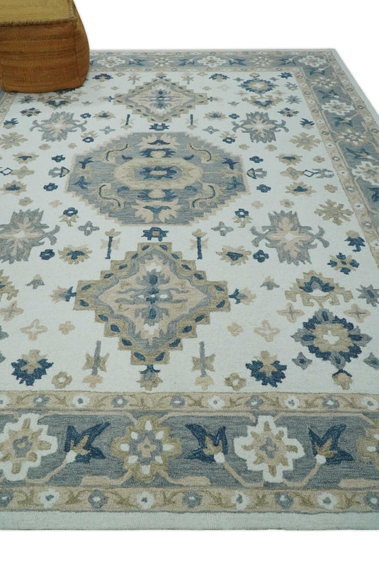 Custom Made Ivory, Beige, Gray And Blue Traditional Medallion Hand Tufted Wool Area Rug