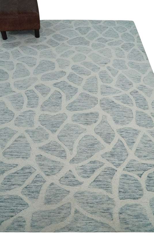 Custom Made Ivory, Gray And Blue Giraffe Pattern Hand Tufted Wool Area Rug