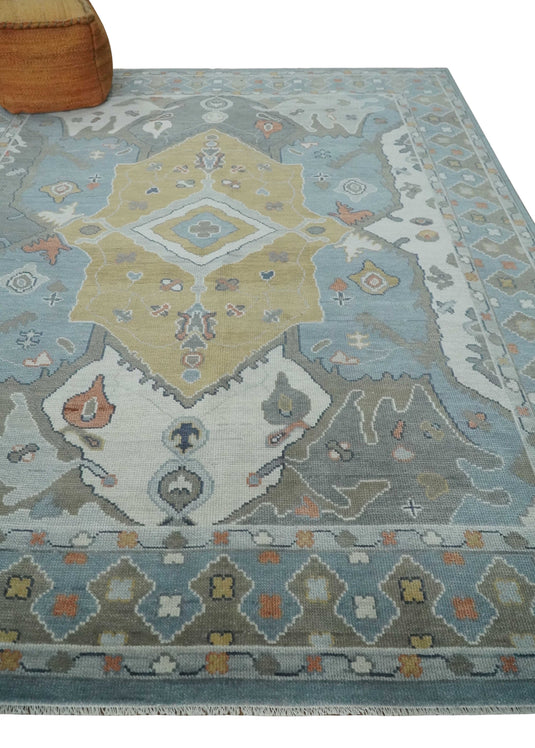 Turkish Oushak Gray, Beige, Blue And Ivory Hand Knotted 8x10 ft Bedroom, Living Room Rug Wool Area Rug