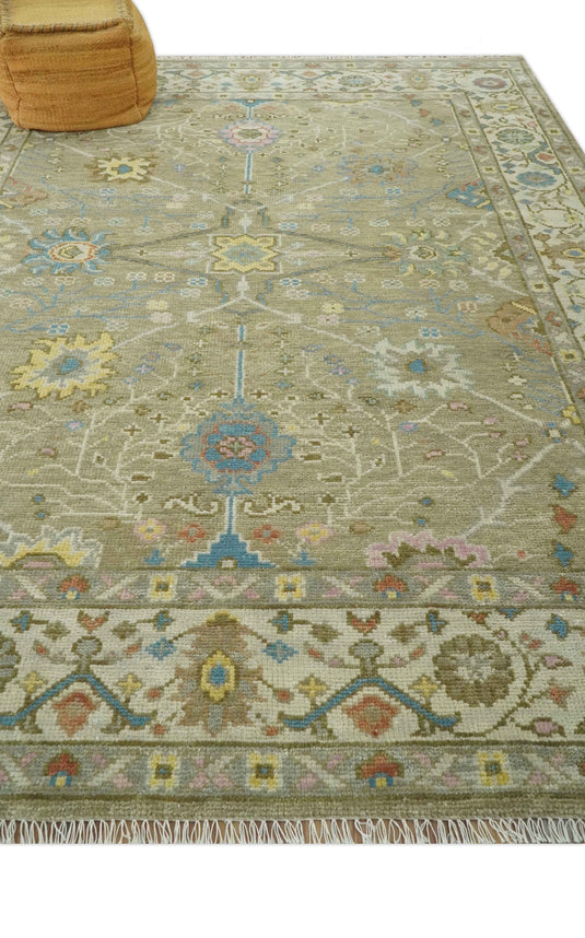 Custom Made Hand Knotted Olive, Blue And Yellow Traditional Floral Wool Area Rug