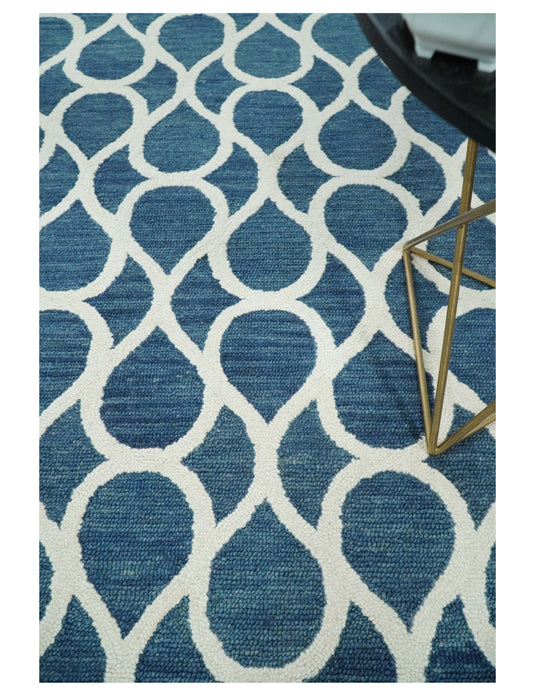 Custom Made Modern Trellis Pattern Blue And Ivory Hand Tufted Wool Area Rug