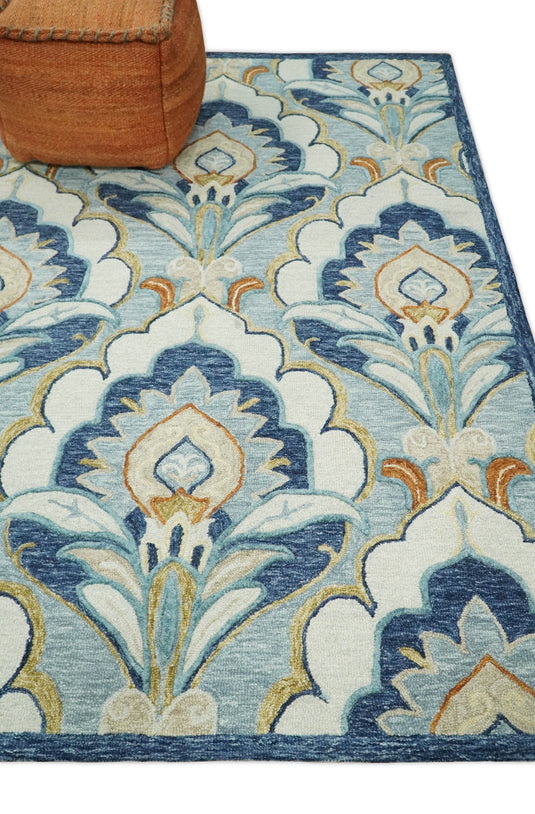 Custom Made Floral Design Gray, Blue, Ivory, Olive And Rust Hand Tufted Wool Area Rug