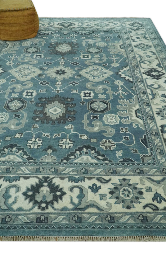 Custom Made Hand Knotted Blueish Gray And Charcoal Antique wool Area Rug