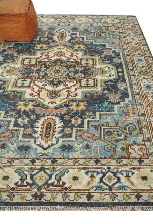 Hand Knotted Medallion Heriz Serapi Rug Ivory, grey and blue Multi Size Ideal for Living, Bedroom, and Dining Rooms | CP751