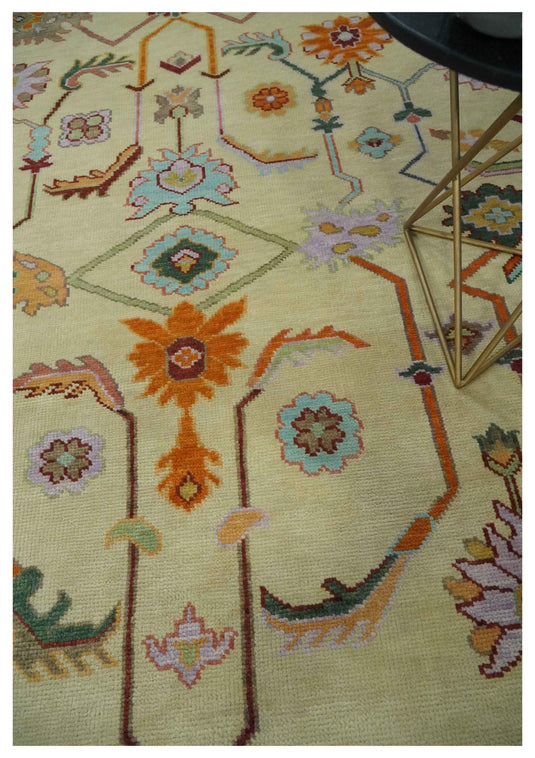 Traditional Oriental Colorful Oushak Hand knotted Beige and Aqua 9x12 ft Bedroom, Living Room Rug ,wool Area Rug