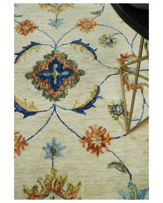 Custom Made Floral Pattern Beige, Rust, Blue And Olive Hand Tufted Wool Area Rug