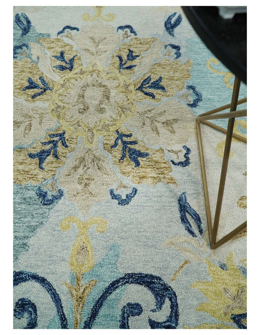 Custom Made Floral Blue, Camel, Beige And Ivory Hand Tufted Wool Area Rug