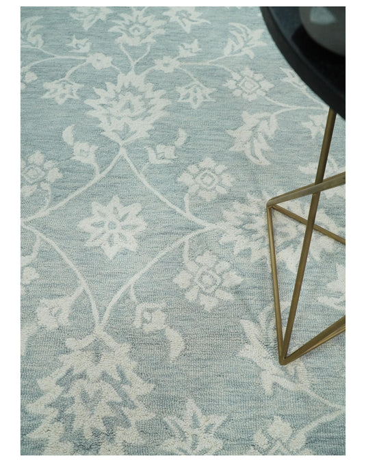 Custom Made Floral Pattern Ivory And Gray Hand Tufted Wool Area Rug