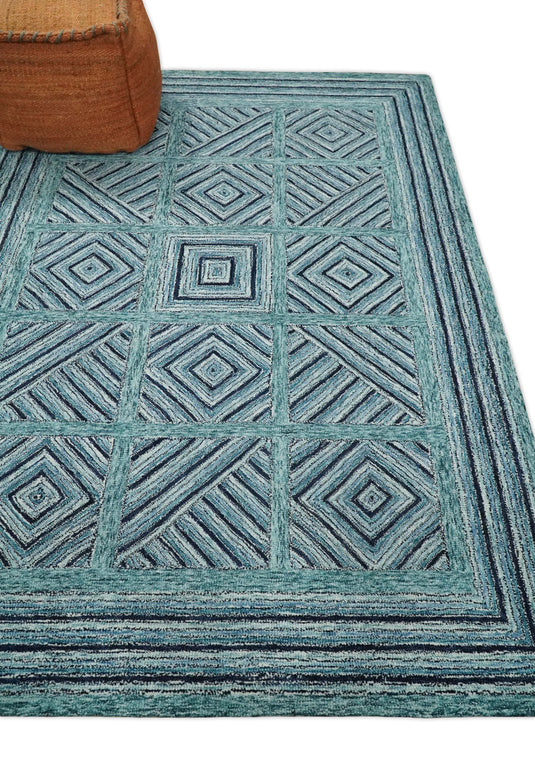 Custom Made Modern Geometric Teal, Charcoal And Ivory Hand Tufted Wool Area Rug