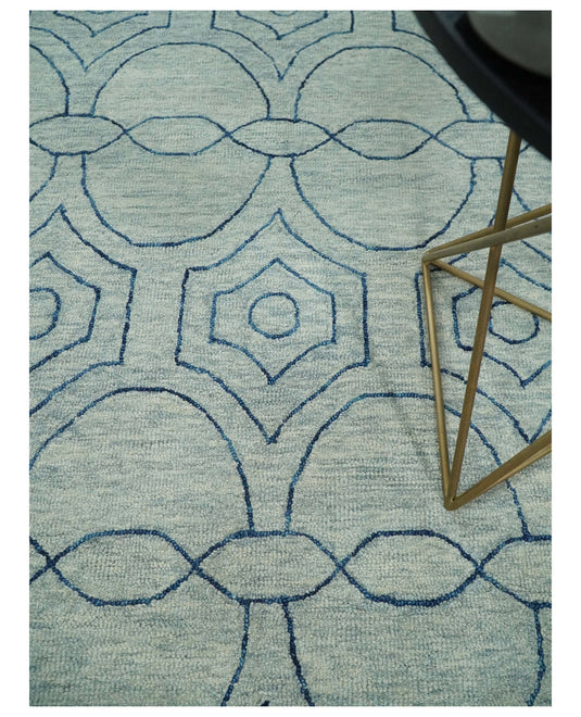 Custom Made Modern Geometrical Pattern Gray And Blue Hand Tufted Wool Area Rug