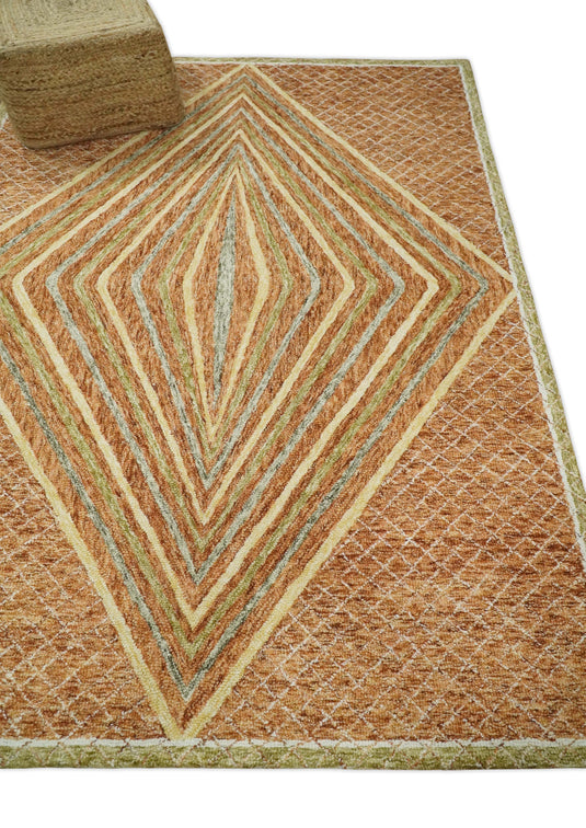 Custom Made Diamond Kilim Rust, Olive And Gray Hand Tufted Wool Area Rug