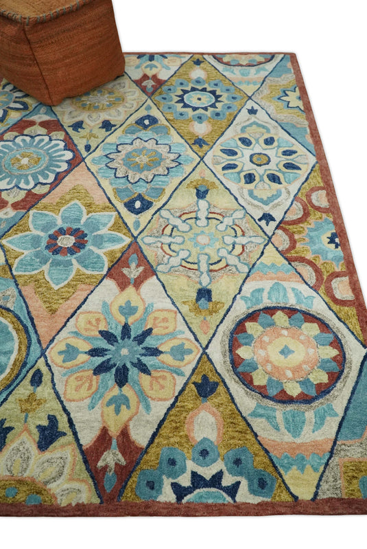 Custom Made Moroccan Trellis Pattern Multicolor Hand Tufted Wool Area Rug