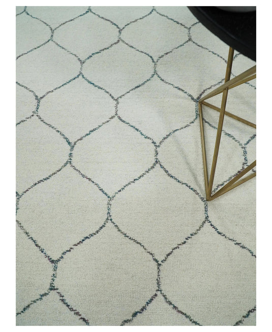 Custom Made Trellis Ivory And Charcoal Hand Tufted Wool Area Rug