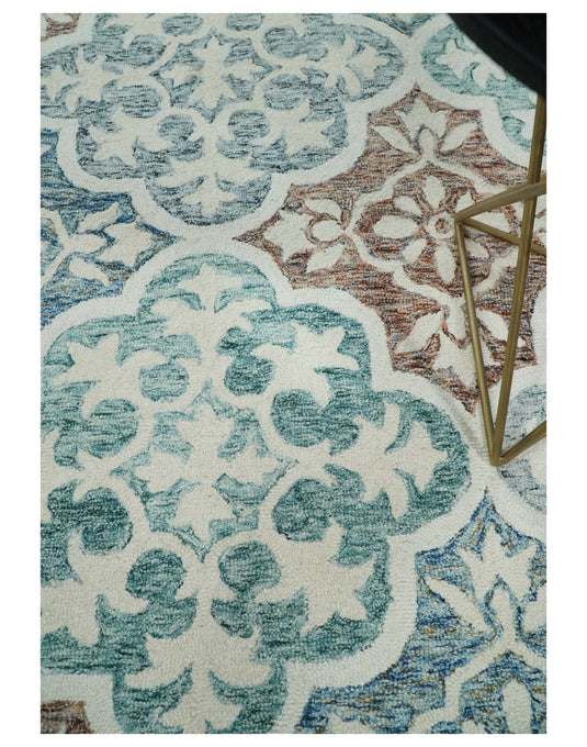 Custom Made Floral Pattern Blue, Rust, Aqua And ivory Hand Tufted Wool Area Rug