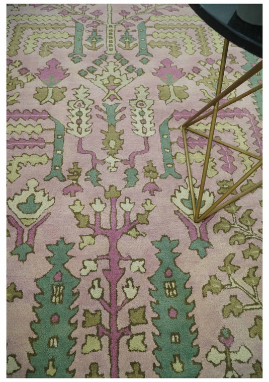 Tree Of Life Light Pink, Ivory, Beige And Green Hand Tufted 8x10 ft Bedroom, Living Room Rug Wool Area Rug