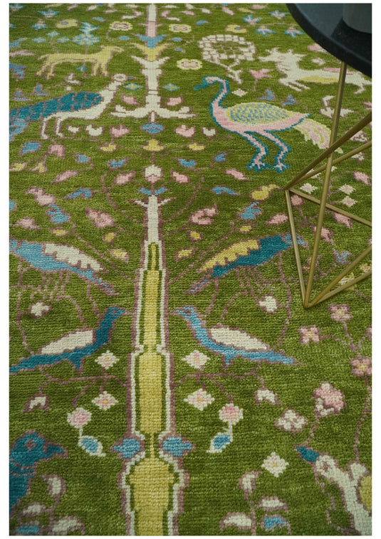 Custom Made Green, Teal and Peach Jungle Life Peacock Bird Hand Knotted Wool Area Rug