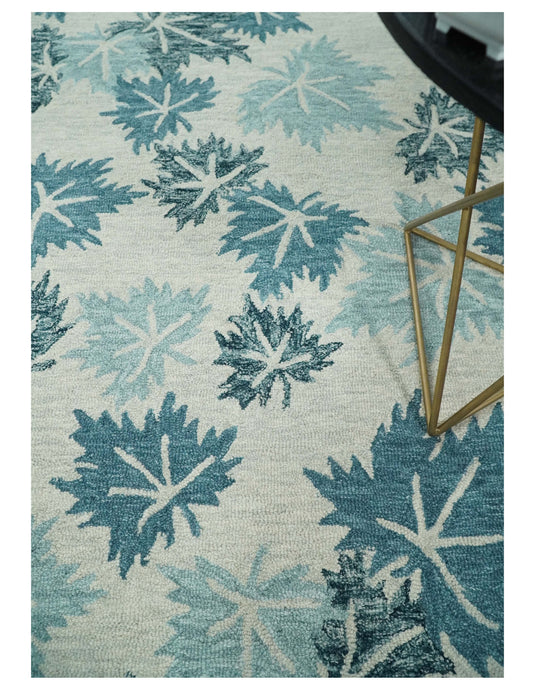 Custom Made Leaves Pattern Teal And Ivory Hand Tufted Wool Area Rug