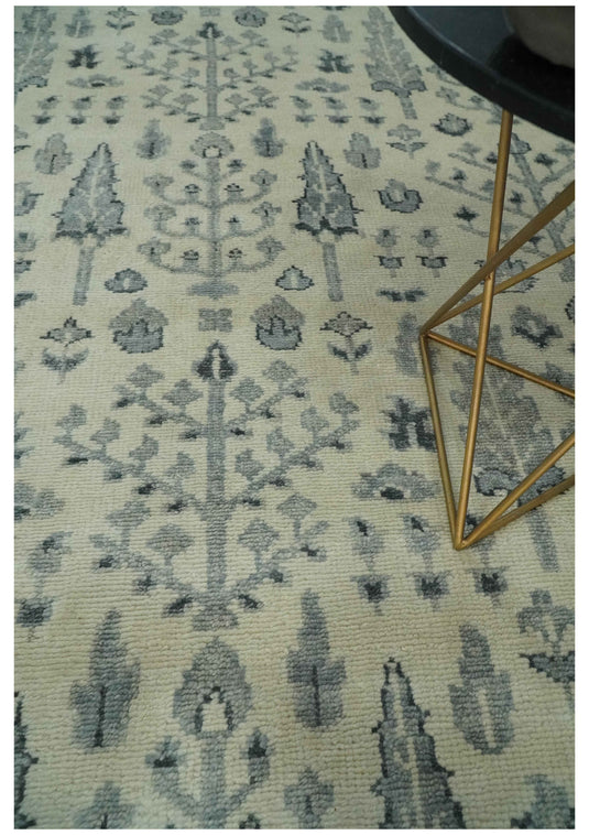 Tree Of Life Ivory, Silver And Charcoal Hand Knotted 8x10 ft Bedroom, Living Room Rug Wool Area Rug