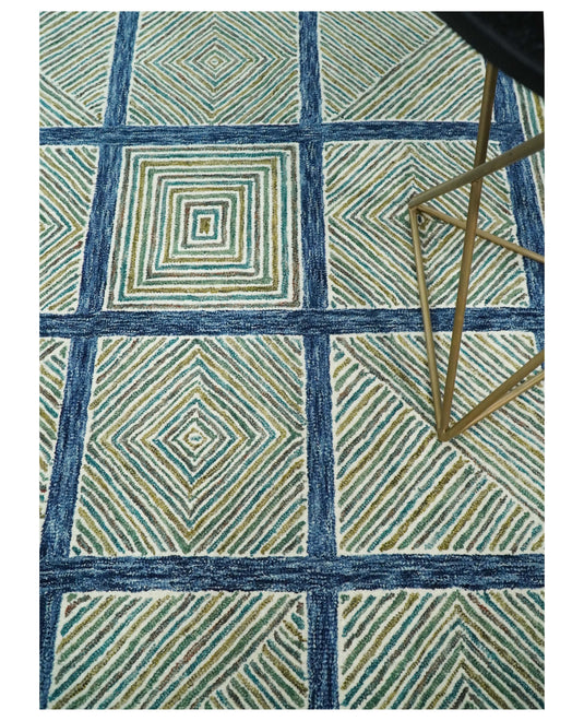 Custom Made Checkerboard Blue, Olive, Gray And Teal Hand Tufted Wool Area Rug