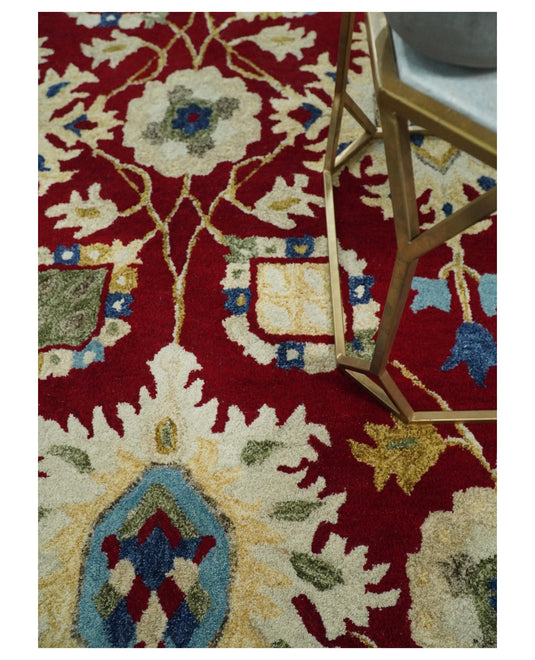 Custom Made Traditional Red, ivory And Blue Floral Hand Tufted Wool Area Rug