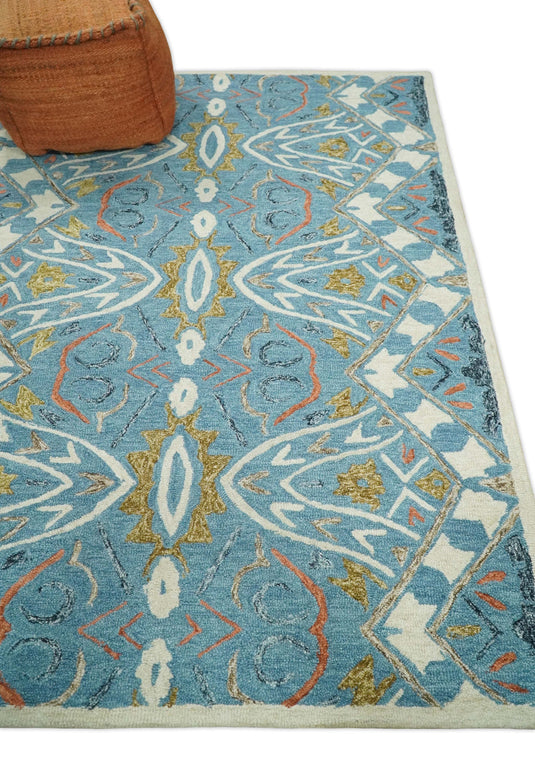 Custom Made Antique Blue And Ivory Hand Tufted Wool Area Rug