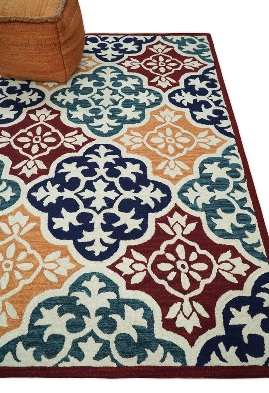 Custom Made Ivory, Maroon, Blue, Teal And Yellow Moroccan Hand Tufted Wool Area Rug