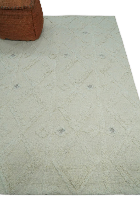 Custom Made Geometric Pattern Ivory Hand Tufted Wool Area Rug