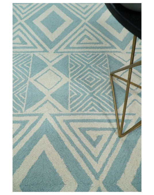 Custom Made Modern Geometrical Ivory And Sage Blue Hand Tufted Wool Area Rug