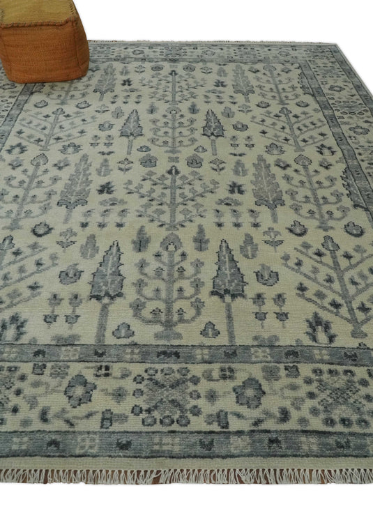 Tree Of Life Ivory, Silver And Charcoal Hand Knotted 8x10 ft Bedroom, Living Room Rug Wool Area Rug